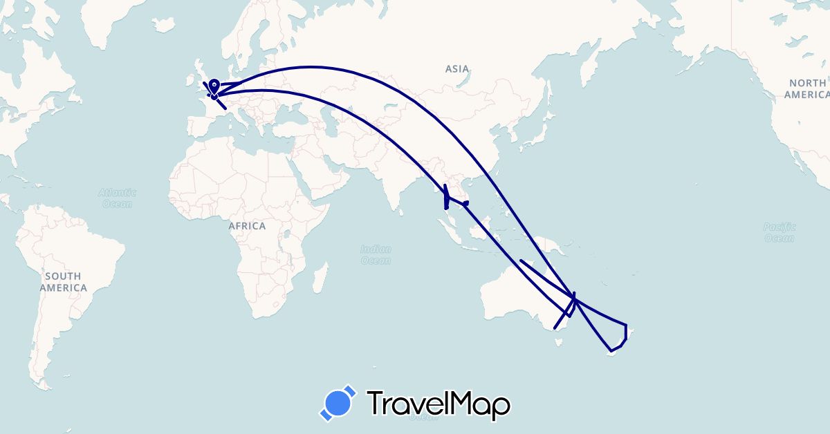 TravelMap itinerary: driving in Australia, Germany, France, United Kingdom, New Zealand, Thailand, Vietnam (Asia, Europe, Oceania)